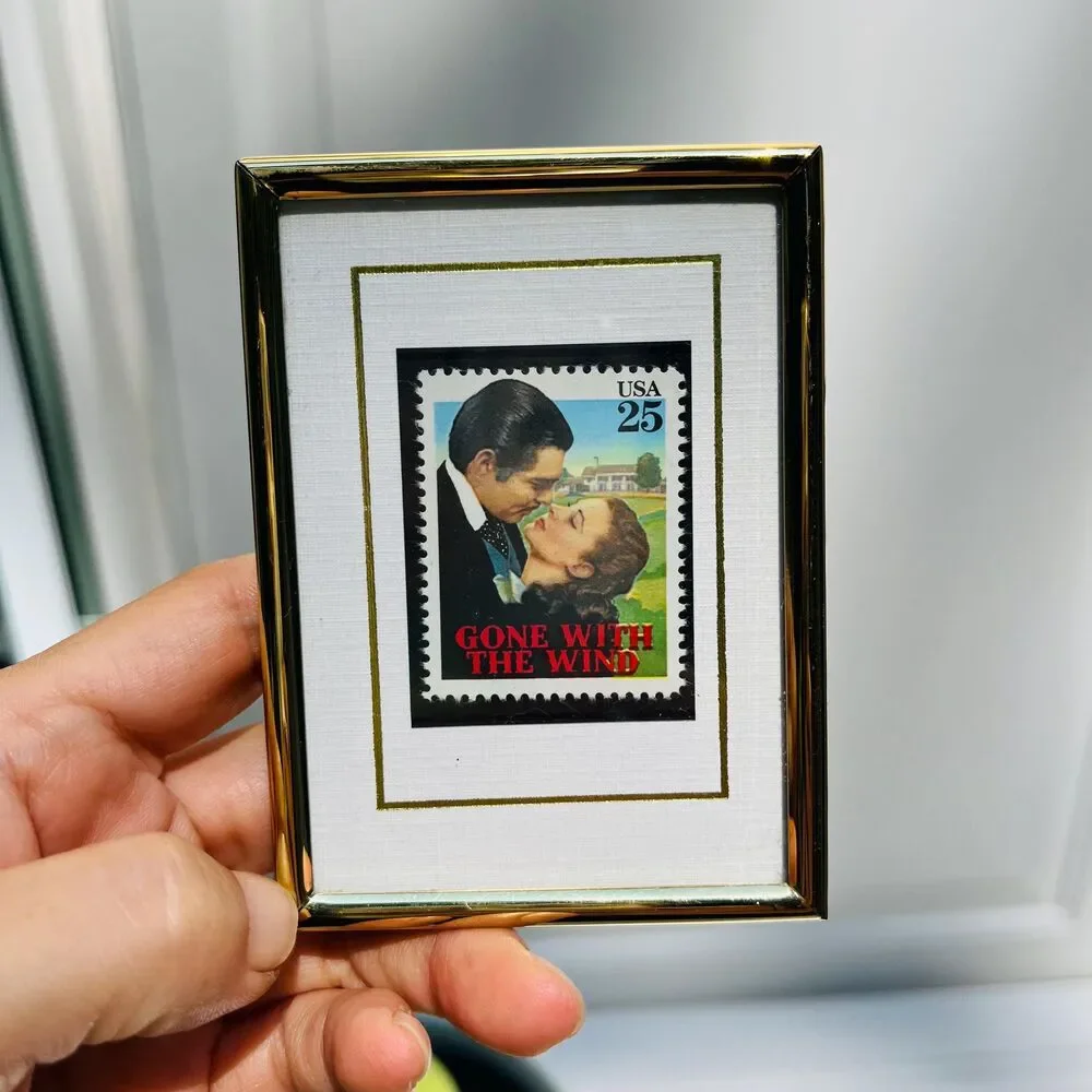 Vintage Brass Framed 1990 US 25-cent Postage Stamp 1939 Film Gone with the Wind